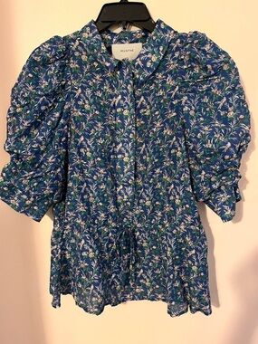 Munthe Bird Floral Print Puff-Sleeve Blouse